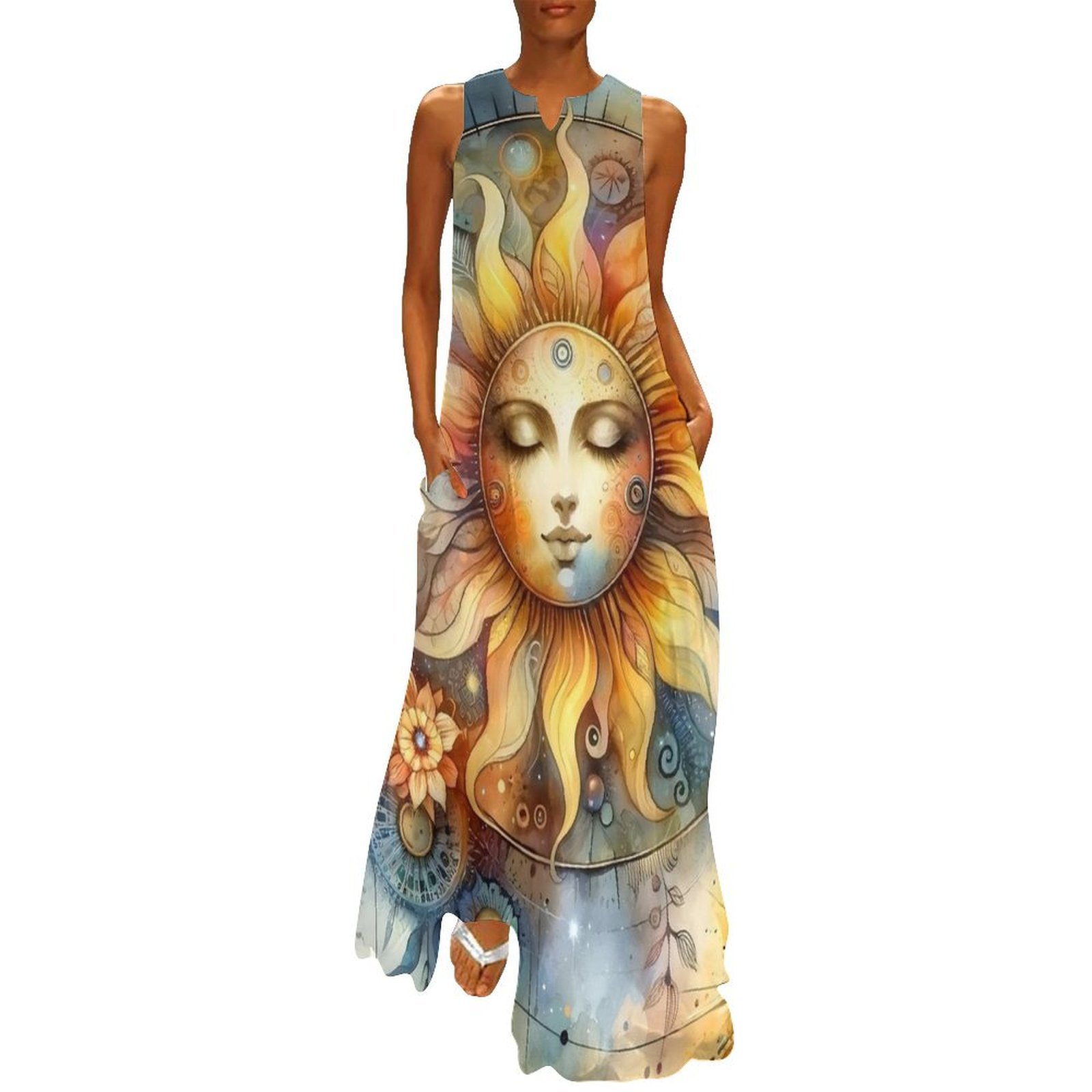 Boho Summer Beach Maxi Dress - Watercolor Mystic Sun Print Dress Vintage