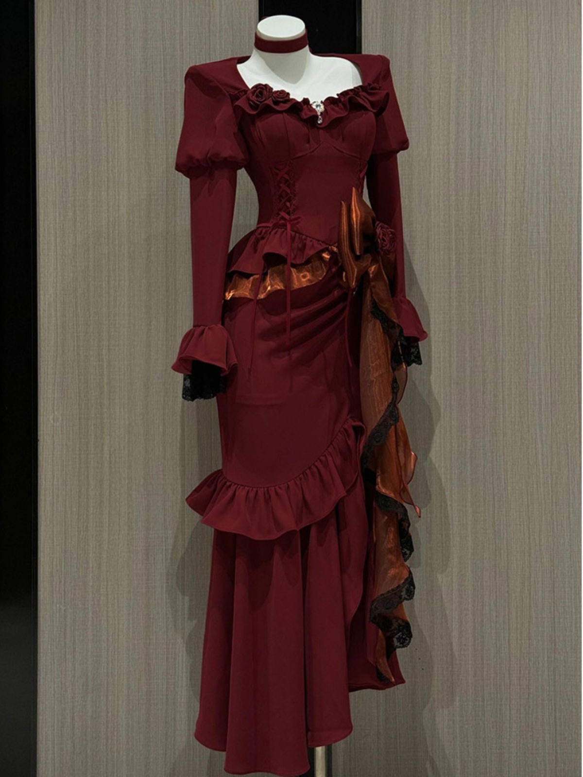 French Vintage Floral Midi Dress - Spring Red Vintage Dress Women Lace