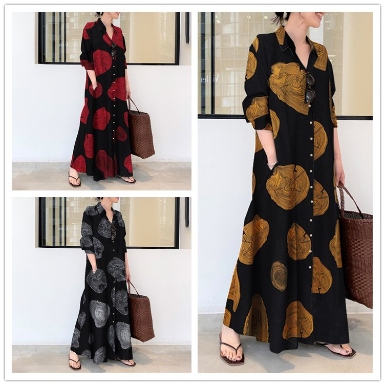 Casual Loose Linen Shirt Dress - Cotton and Linen Printed Lapel Long