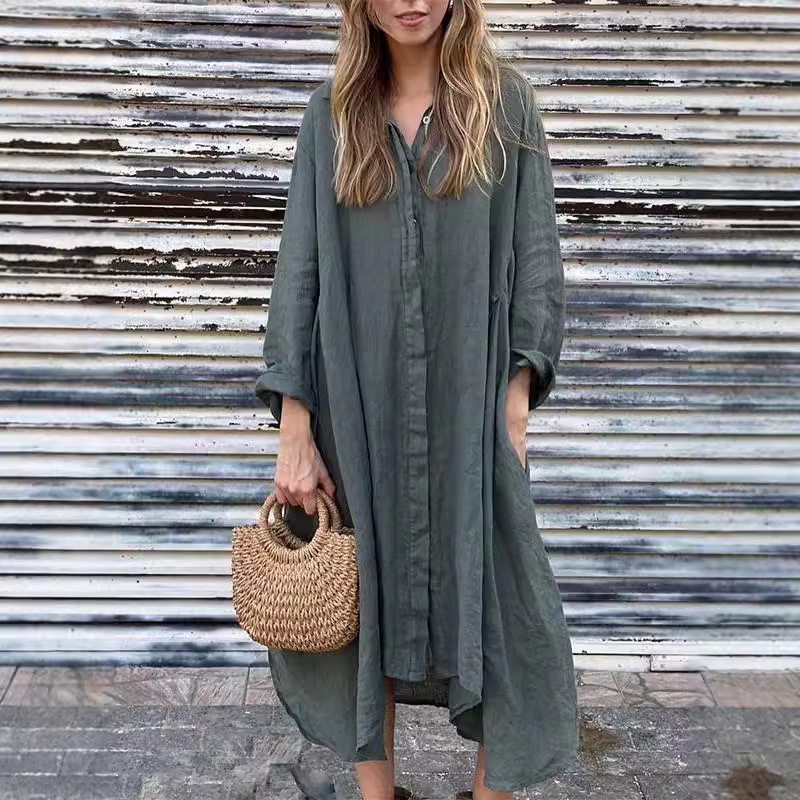 Autumn Solid Linen Long Sleeve - Casual Loose Linen Shirt Dress ulasan dan harga