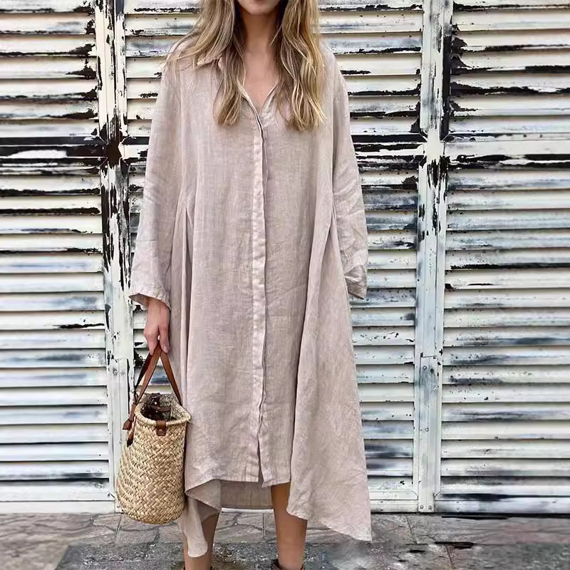 Autumn Solid Linen Long Sleeve - Casual Loose Linen Shirt Dress ulasan dan harga