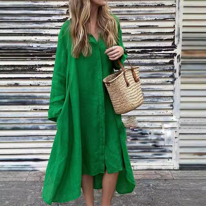 Autumn Solid Linen Long Sleeve - Casual Loose Linen Shirt Dress ulasan dan harga
