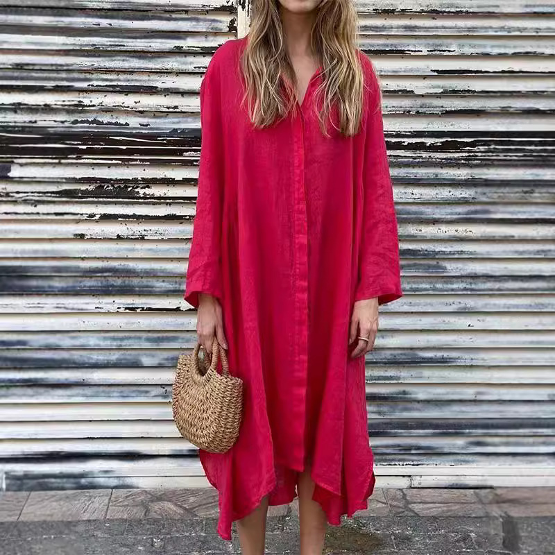 Autumn Solid Linen Long Sleeve - Casual Loose Linen Shirt Dress ulasan dan harga