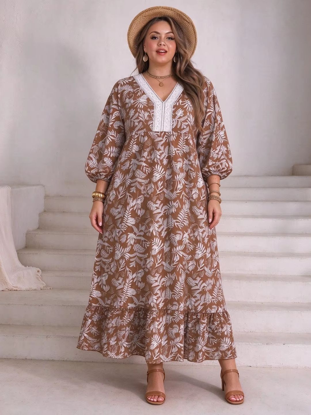 Plus Size Women Leaf Floral Ma - Boho Summer Beach Maxi Dress ulasan dan harga