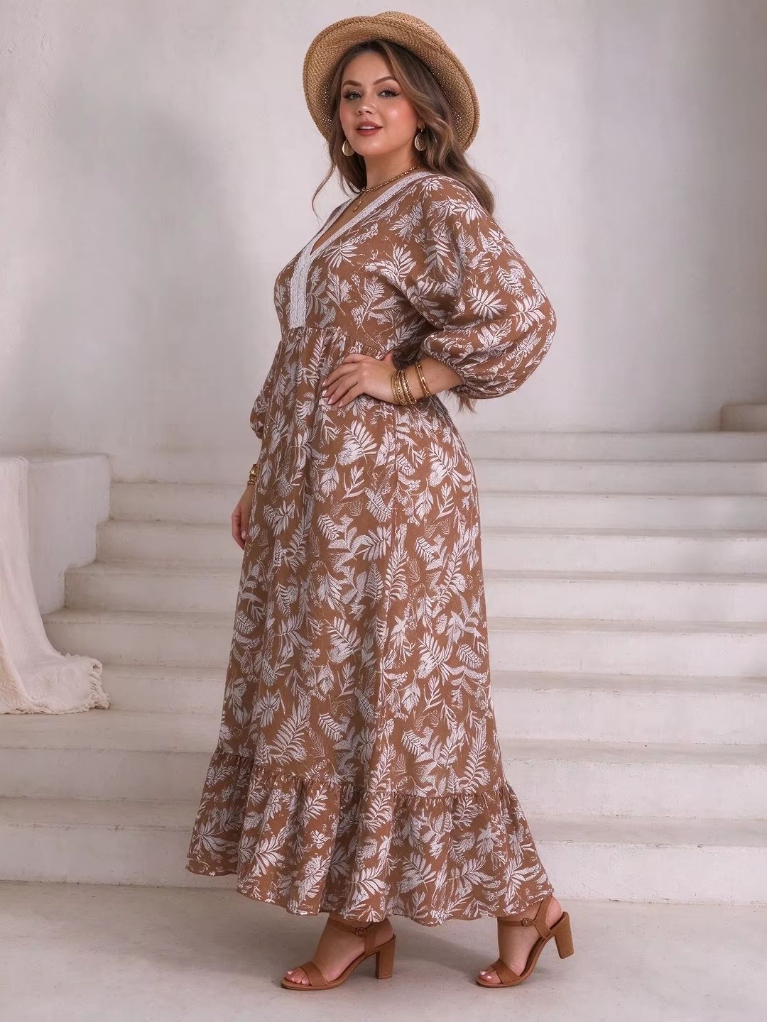 Plus Size Women Leaf Floral Ma - Boho Summer Beach Maxi Dress ulasan dan harga