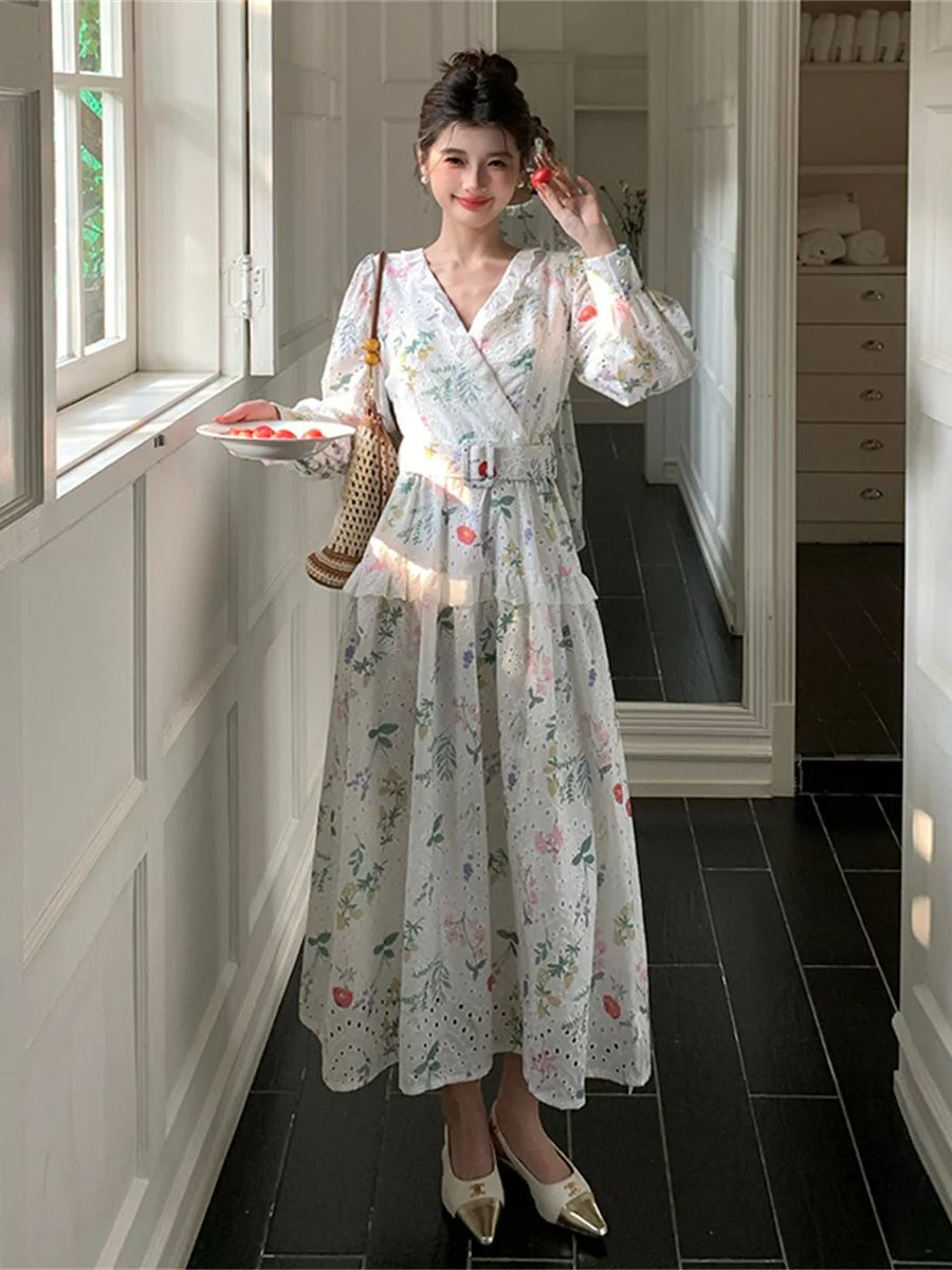 French Romantic Style Lantern  - French Vintage Floral Midi Dress ulasan dan harga