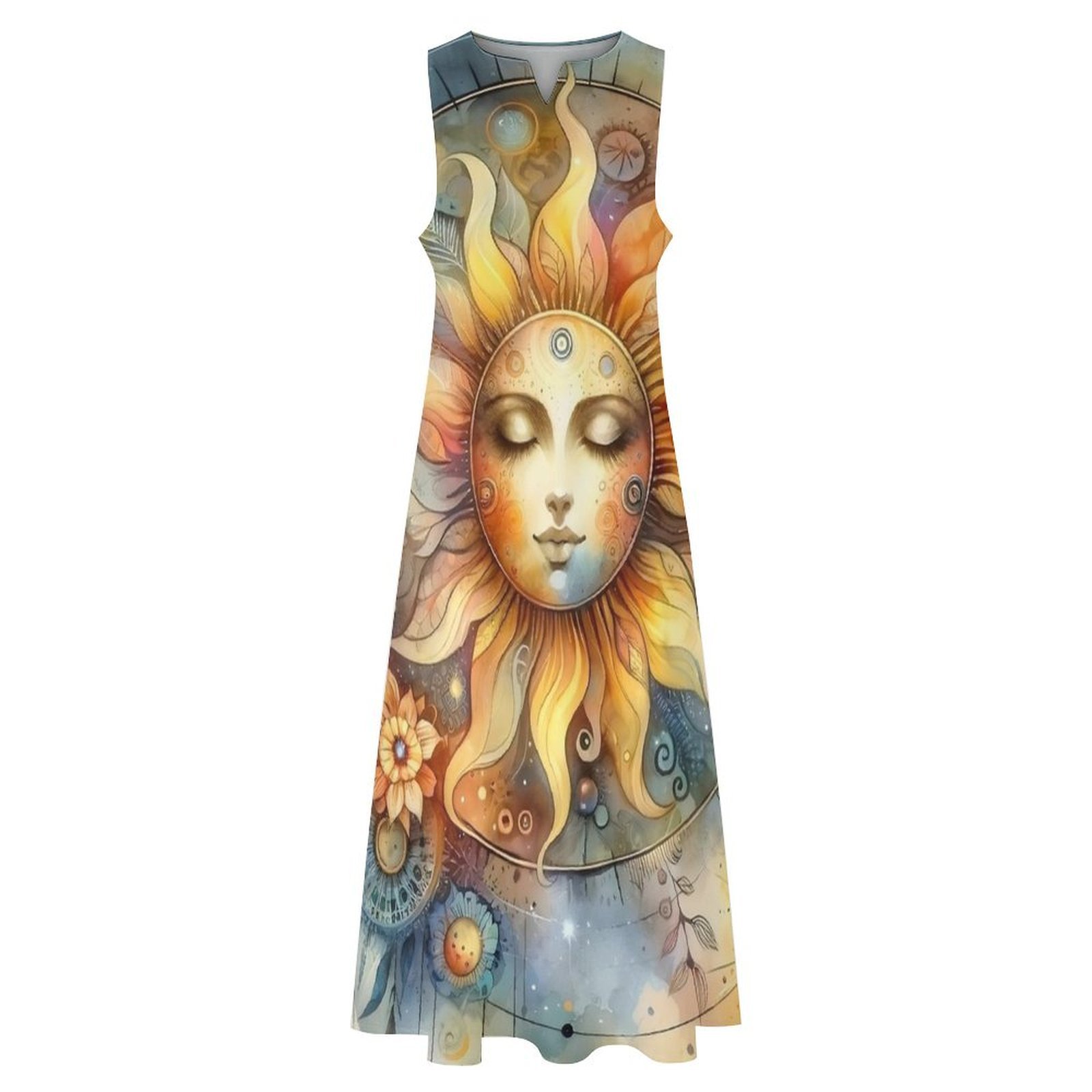 Watercolor Mystic Sun Print Dr - Boho Summer Beach Maxi Dress ulasan dan harga