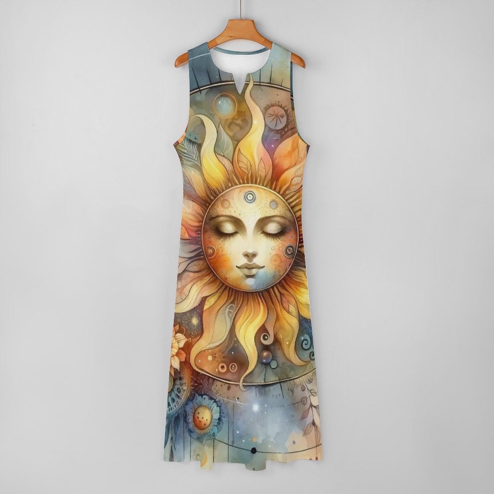 Watercolor Mystic Sun Print Dr - Boho Summer Beach Maxi Dress ulasan dan harga