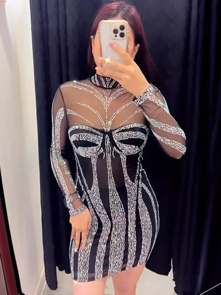 Sparkly Diamonds Rhinestone Bi - Sexy Mesh Sheer Bodycon Dress ulasan dan harga