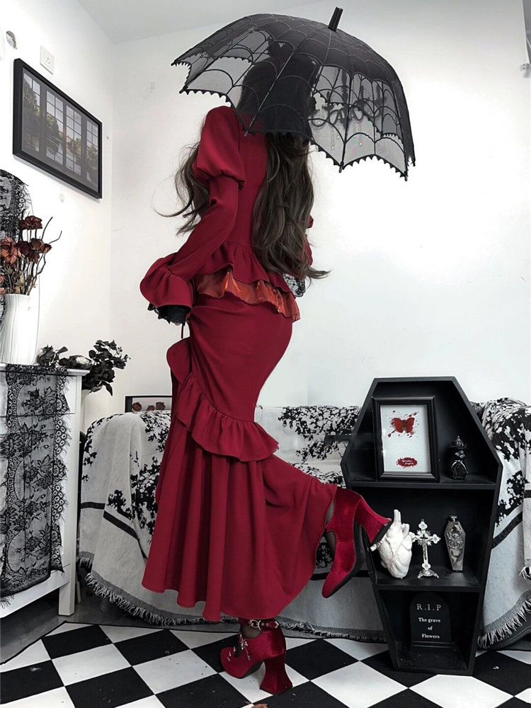 Spring Red Vintage Dress Women - French Vintage Floral Midi Dress ulasan dan harga