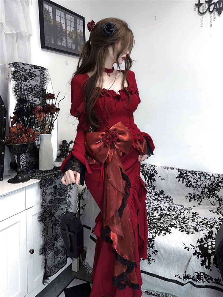 Spring Red Vintage Dress Women - French Vintage Floral Midi Dress ulasan dan harga