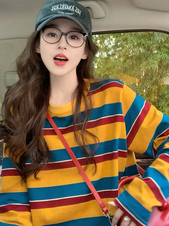 Women Color Block Striped Long - Blouses ulasan dan harga