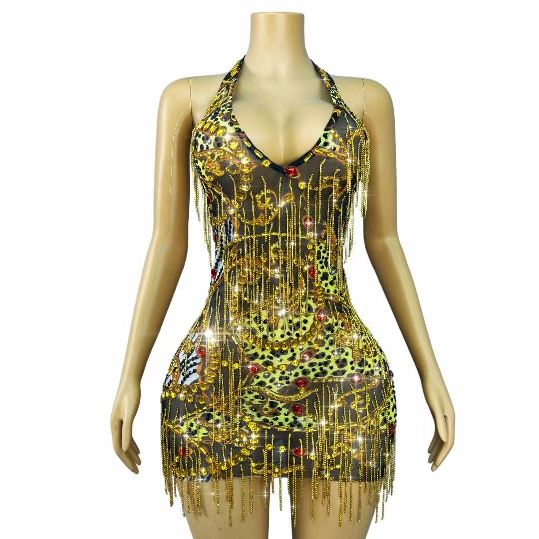 Sparkly Gold Rhinestones Chain - Sparkly Rhinestone Club Party Dress ulasan dan harga