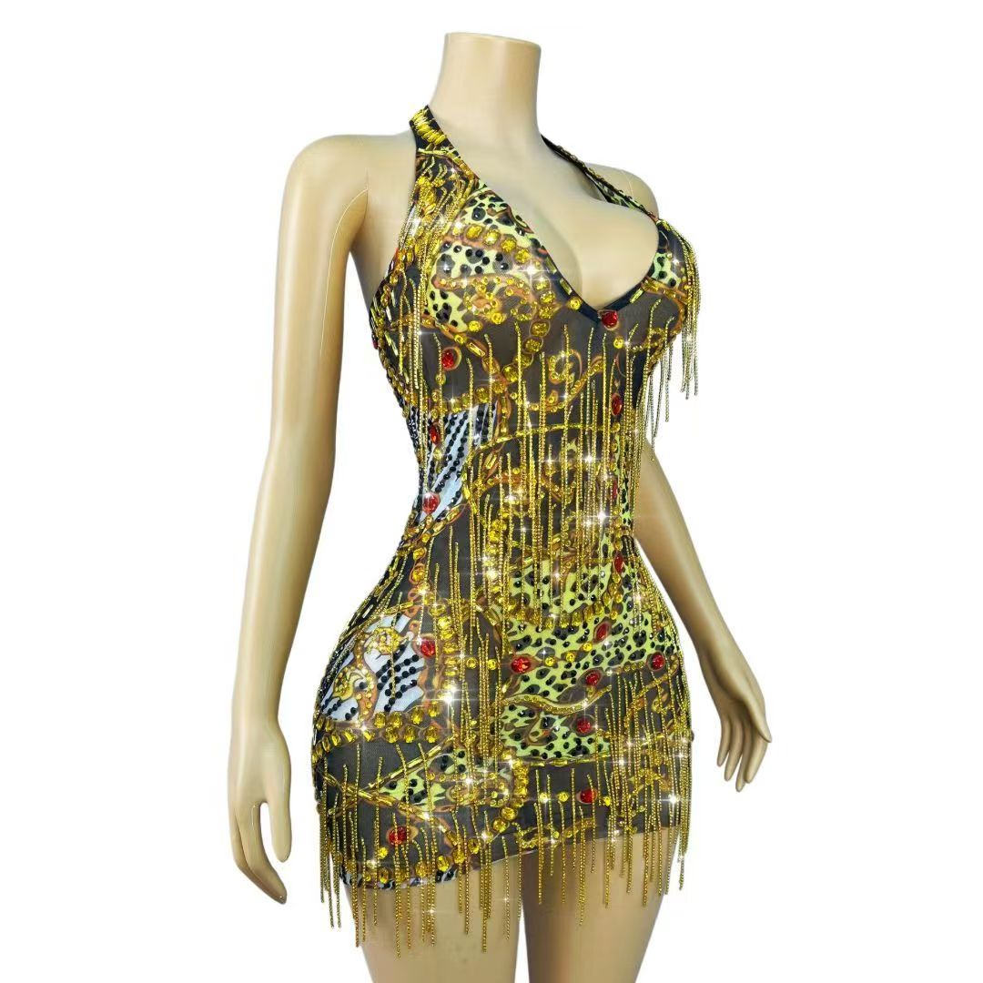 Sparkly Gold Rhinestones Chain - Sparkly Rhinestone Club Party Dress ulasan dan harga
