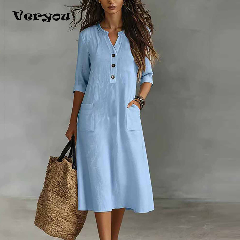 Women Casual Solid Color Half  - Boho Summer Beach Maxi Dress ulasan dan harga