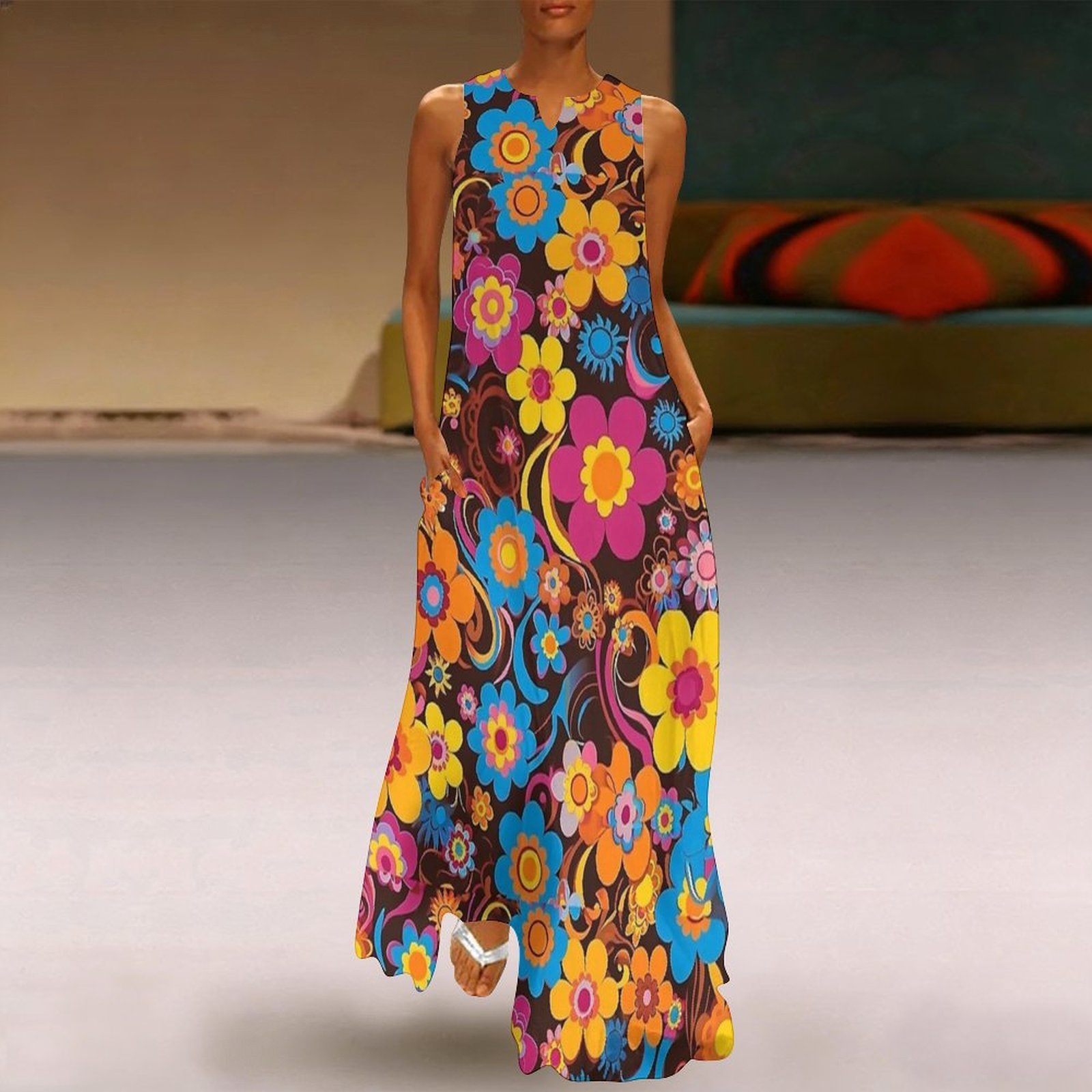 Psychedelic Bloom Groovy Flora - Boho Summer Beach Maxi Dress ulasan dan harga