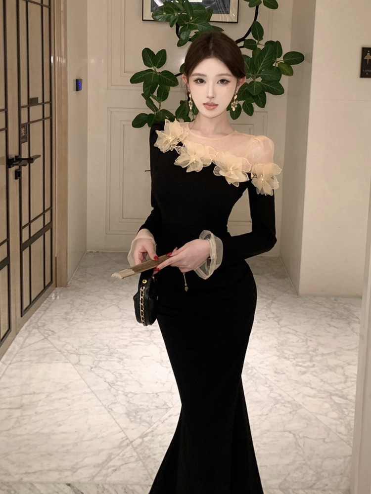 Retro 3D Floral Black Long-sle - Sexy Mesh Sheer Bodycon Dress ulasan dan harga
