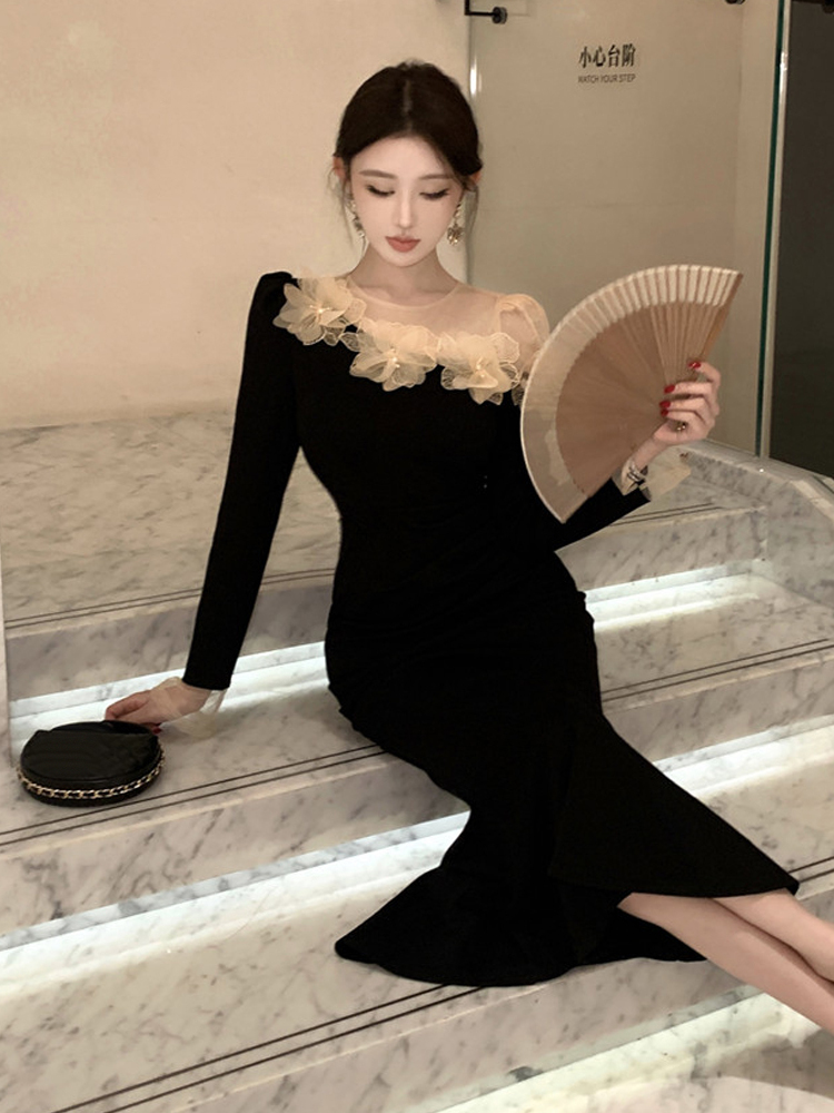 Retro 3D Floral Black Long-sle - Sexy Mesh Sheer Bodycon Dress ulasan dan harga