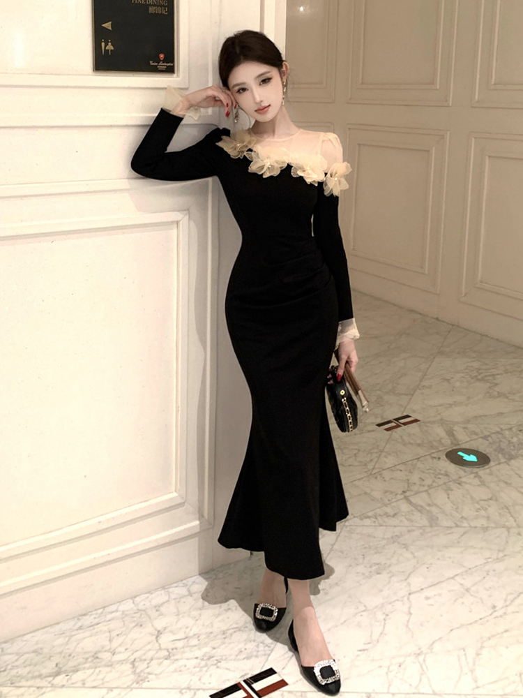 Retro 3D Floral Black Long-sle - Sexy Mesh Sheer Bodycon Dress ulasan dan harga