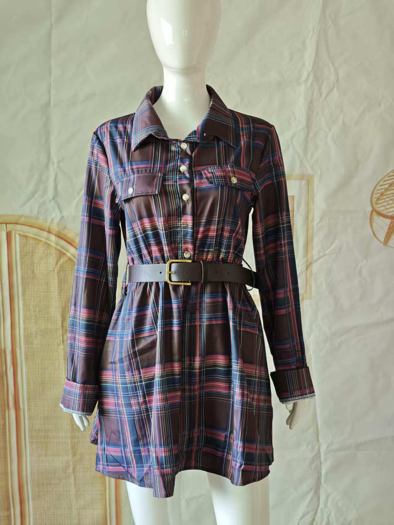 Women Shirt Cloth Pockets Belt - Casual Loose Linen Shirt Dress ulasan dan harga