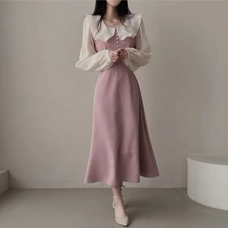 Long Sleeve Dresses Women Fren - French Vintage Floral Midi Dress ulasan dan harga