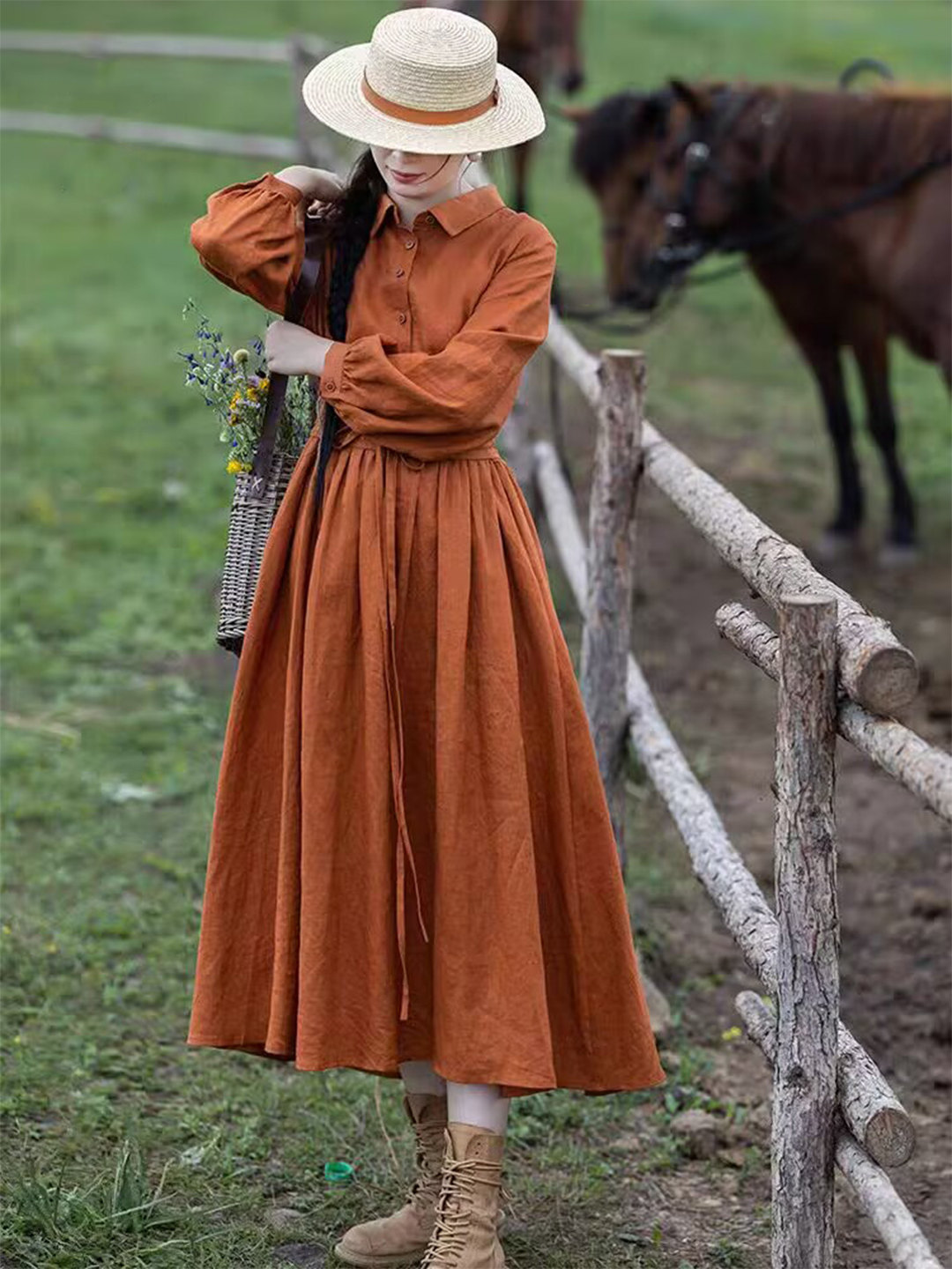 Women Orange Linen Maxi Dress  - Casual Loose Linen Shirt Dress ulasan dan harga