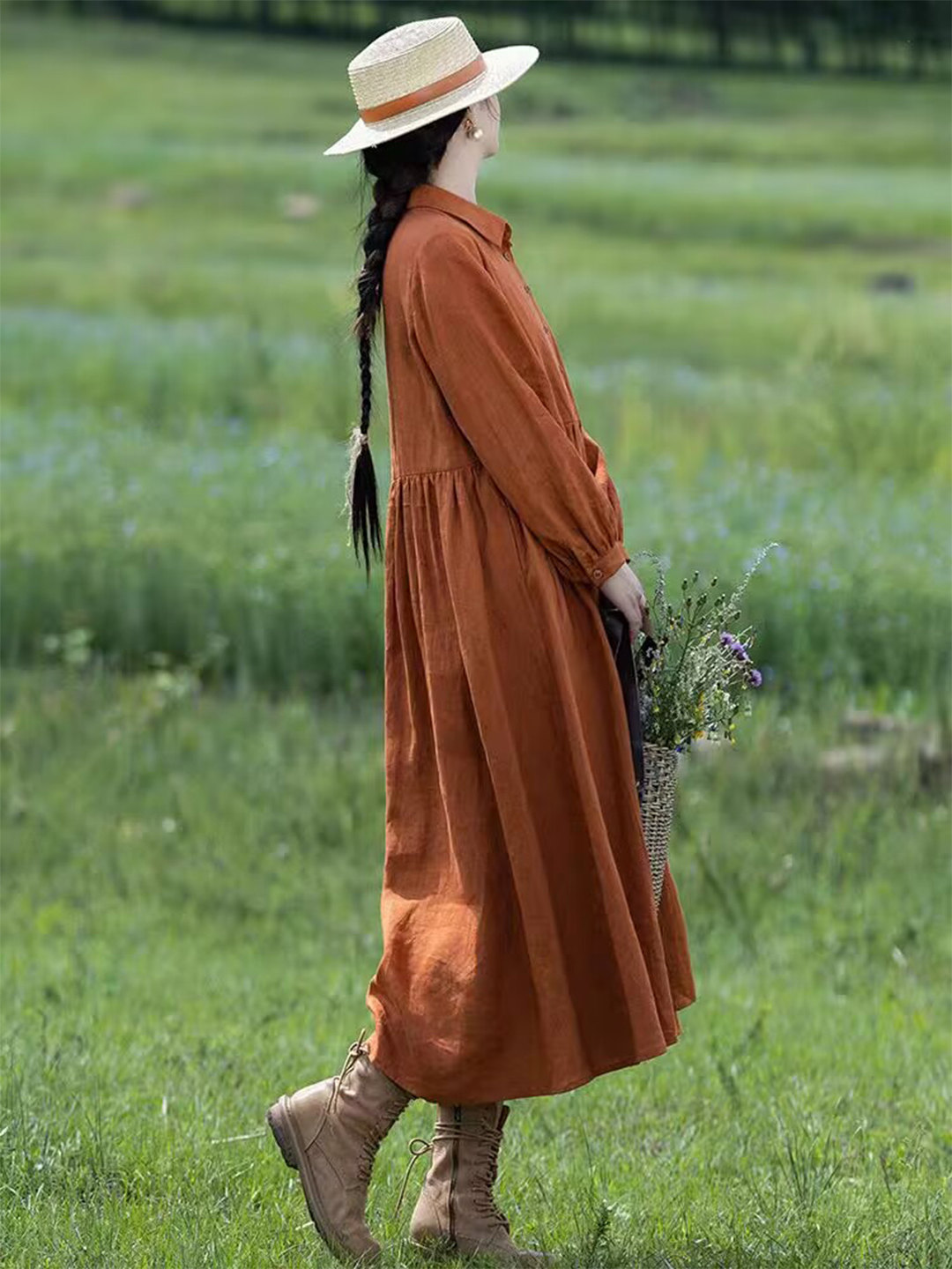 Women Orange Linen Maxi Dress  - Casual Loose Linen Shirt Dress ulasan dan harga