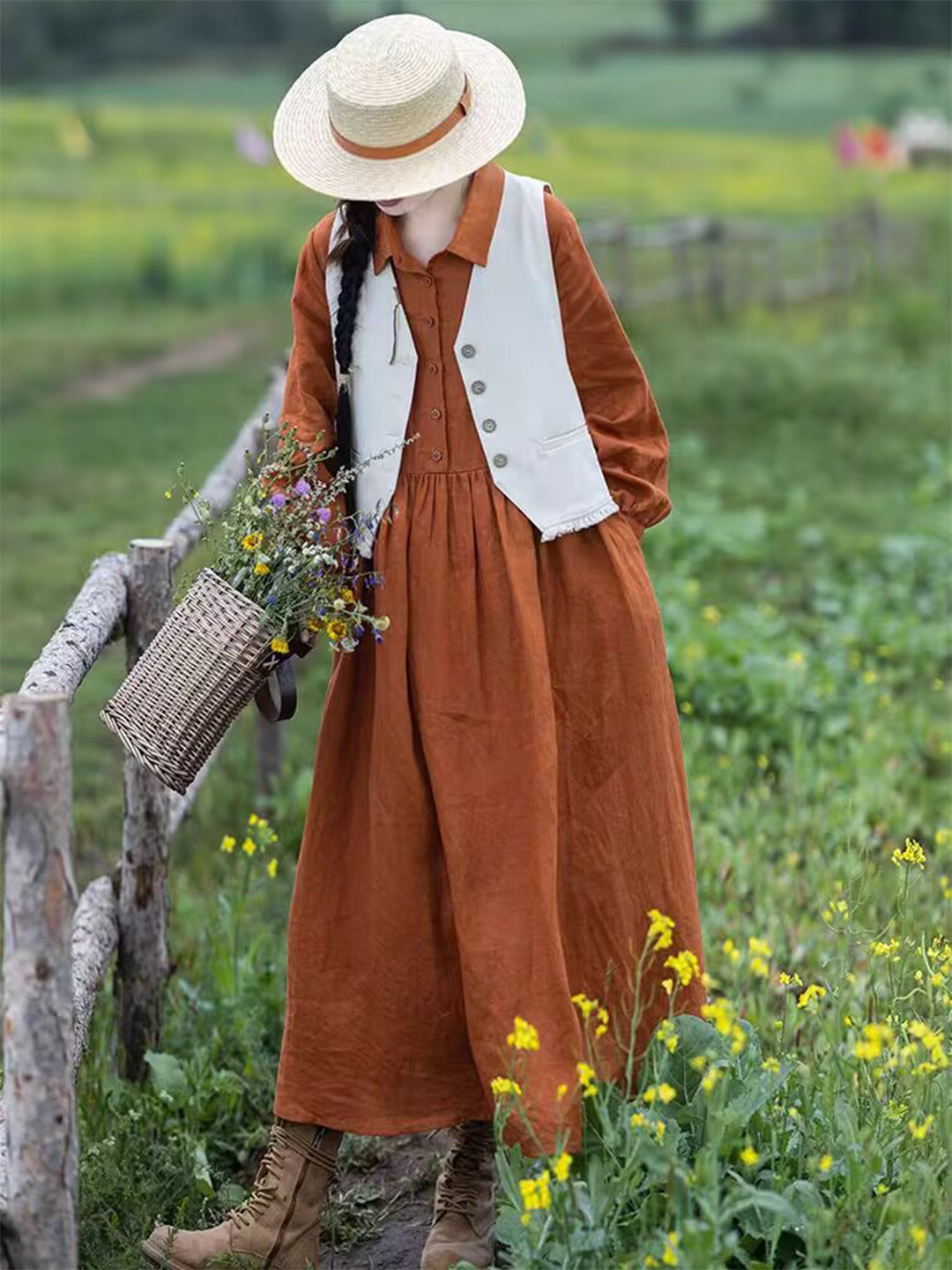Women Orange Linen Maxi Dress  - Casual Loose Linen Shirt Dress ulasan dan harga
