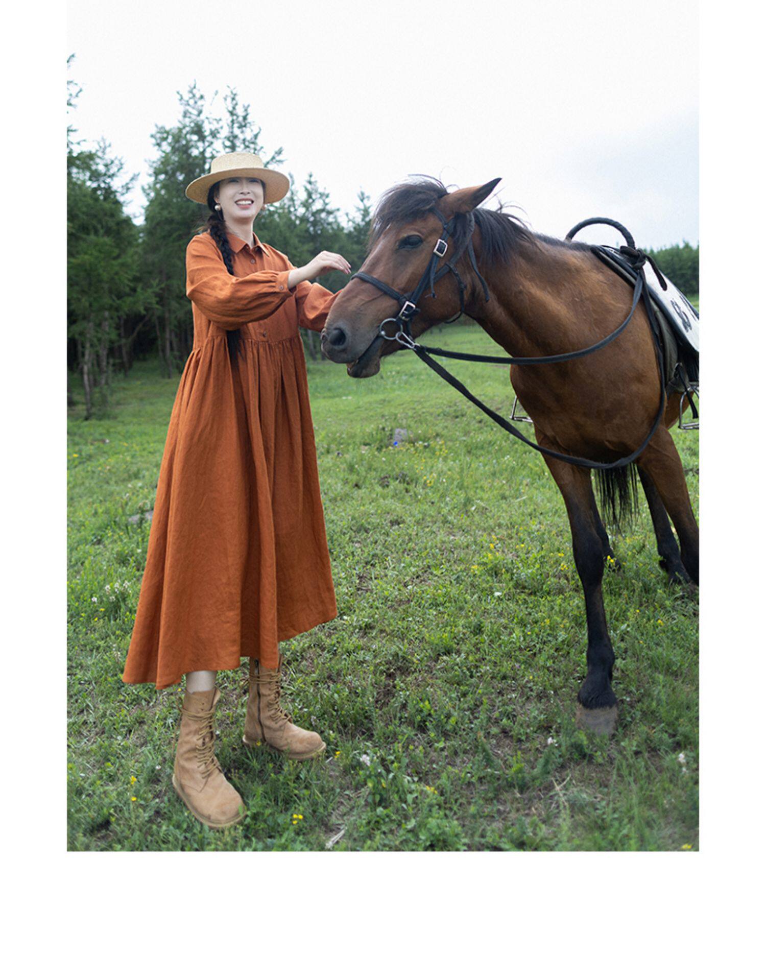 Women Orange Linen Maxi Dress  - Casual Loose Linen Shirt Dress ulasan dan harga