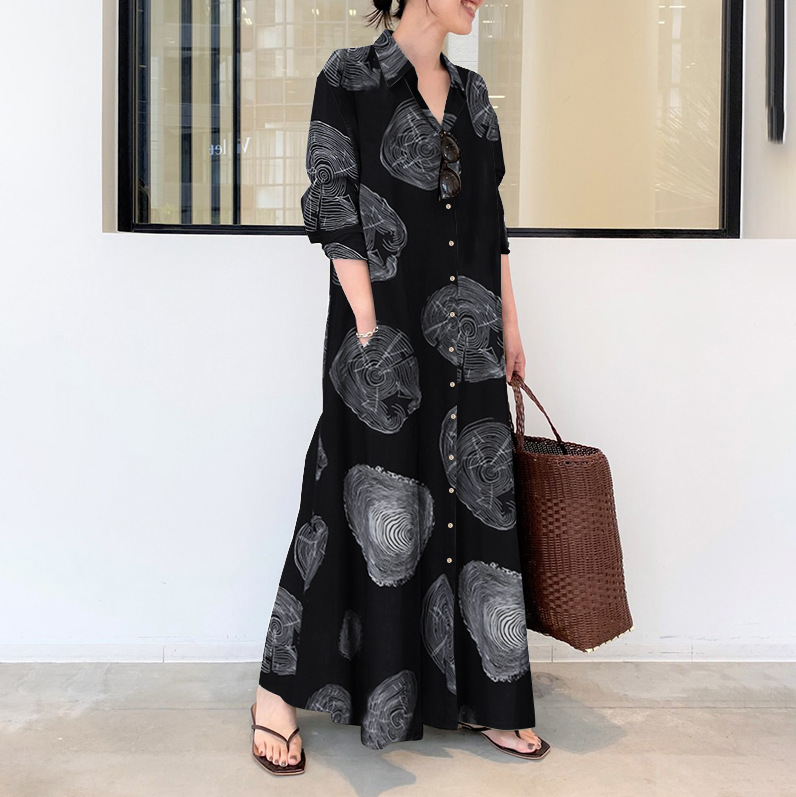 Cotton and Linen Printed Lapel - Casual Loose Linen Shirt Dress ulasan dan harga