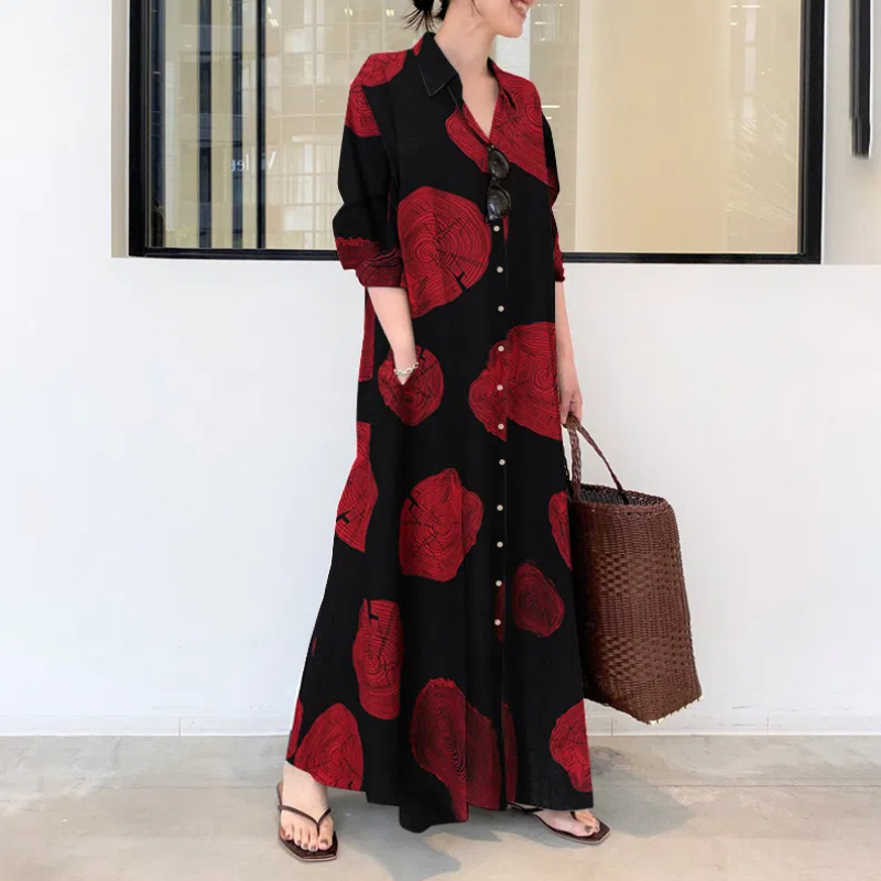 Cotton and Linen Printed Lapel - Casual Loose Linen Shirt Dress ulasan dan harga